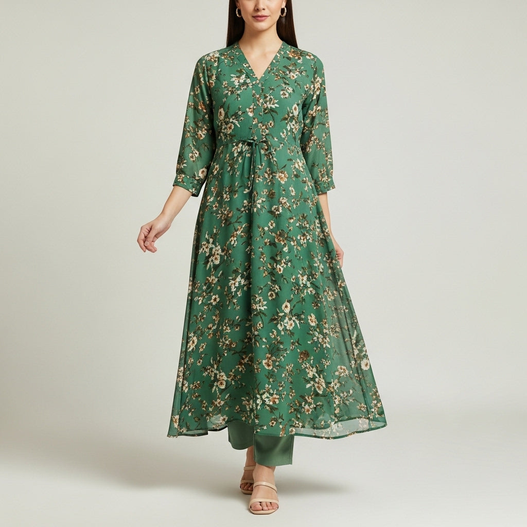 Women’s Floral Print Maxi Dress with V-Neck Design
