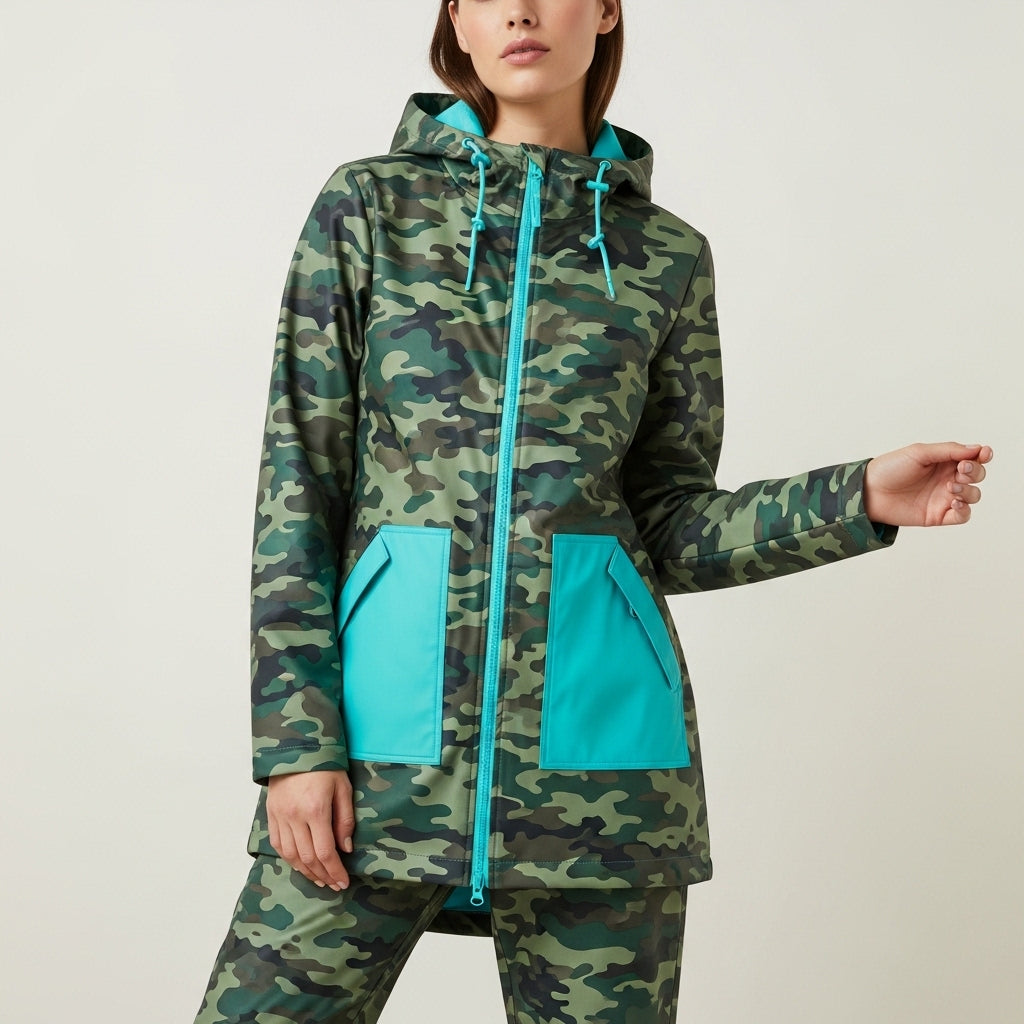 Women’s raincoat with hood | With zipper camo