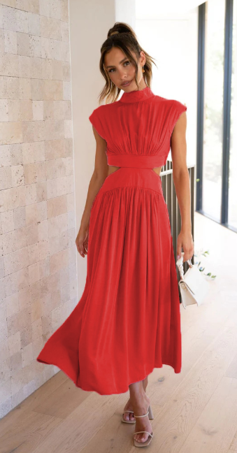 Women's Sleeveless Cut-Out Waist Maxi Dress - Linen Blend