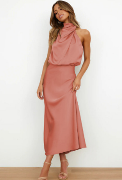 Women’s Satin Maxi Dress – Sleeveless Open Shoulder