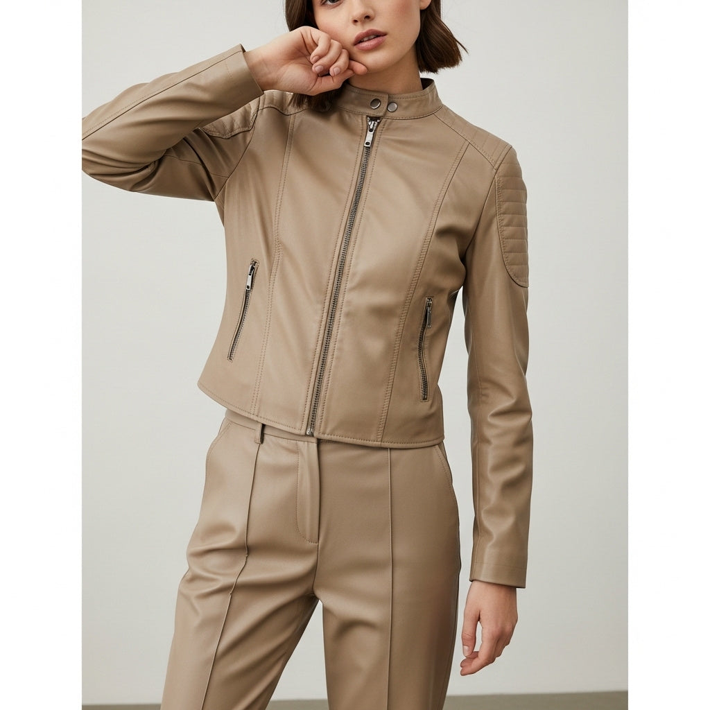 Women’s Long Sleeve Leather Jacket with Zipper