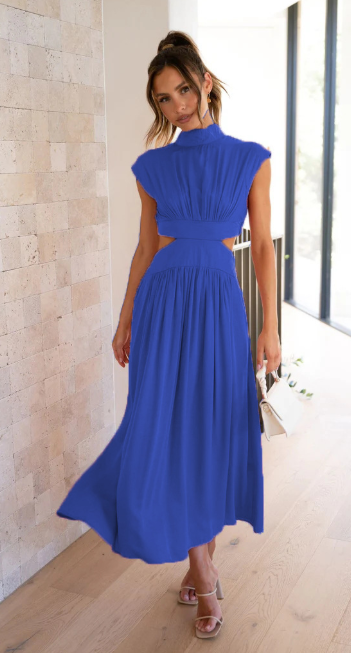 Women's Sleeveless Cut-Out Waist Maxi Dress - Linen Blend