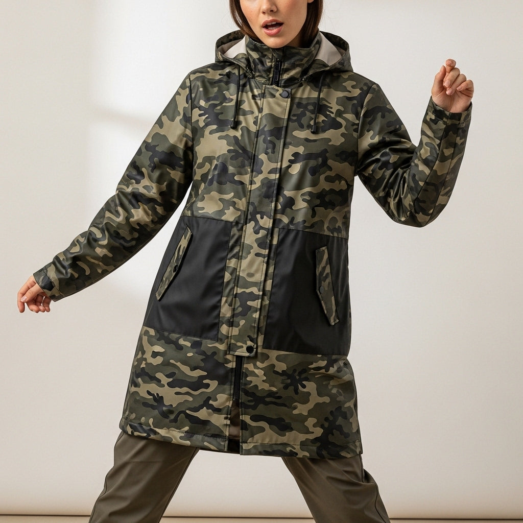 Women’s raincoat with hood | With zipper camo