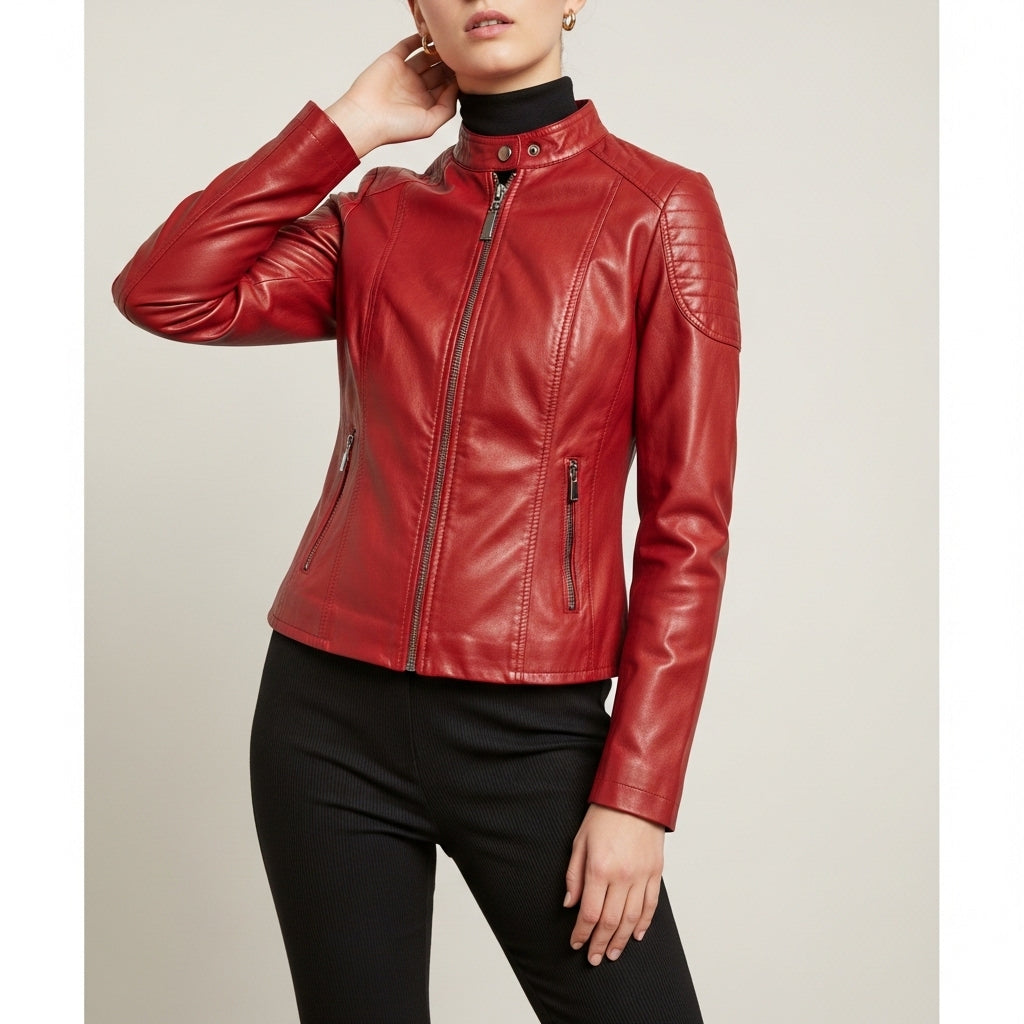 Women’s Long Sleeve Leather Jacket with Zipper