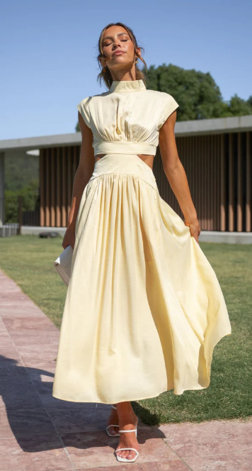 Women's Sleeveless Cut-Out Waist Maxi Dress - Linen Blend
