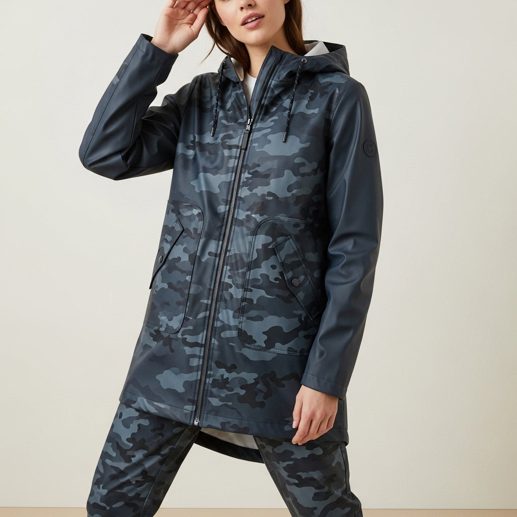 Women’s raincoat with hood | With zipper camo