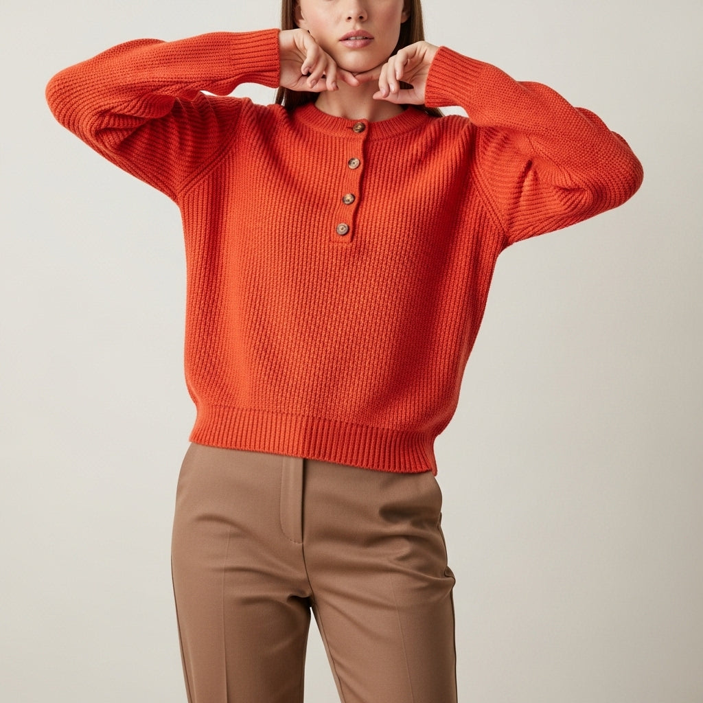 Women’s Trendy Long Sleeve Sweater with Button Details