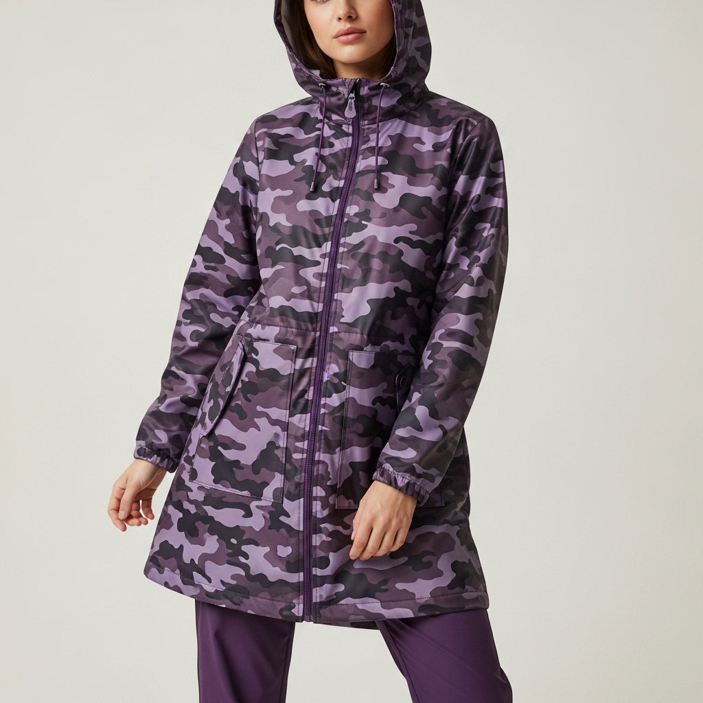 Women’s raincoat with hood | With zipper camo