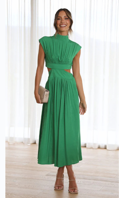 Women's Sleeveless Cut-Out Waist Maxi Dress - Linen Blend