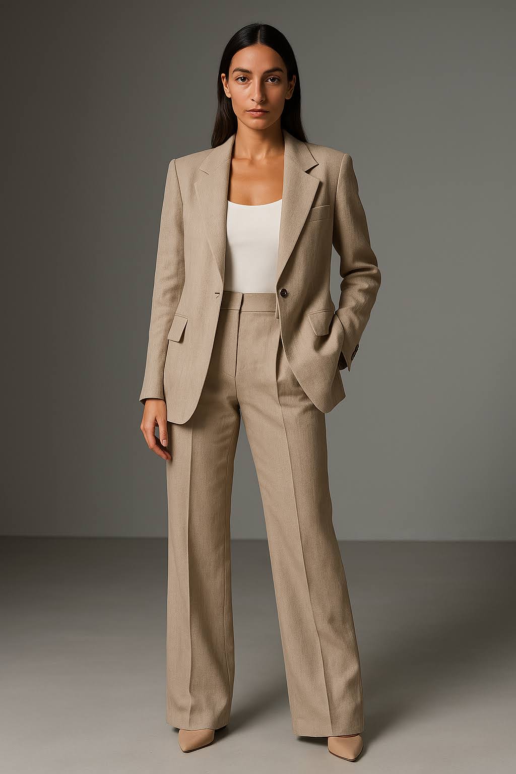 Women’s 2-Piece Trouser Suit – Single-Breasted Blazer and Straight-Leg Trousers Set