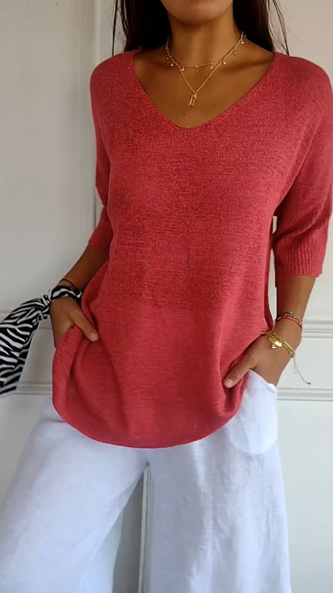 V-Neck Knit Top Casual Lightweight Jumper