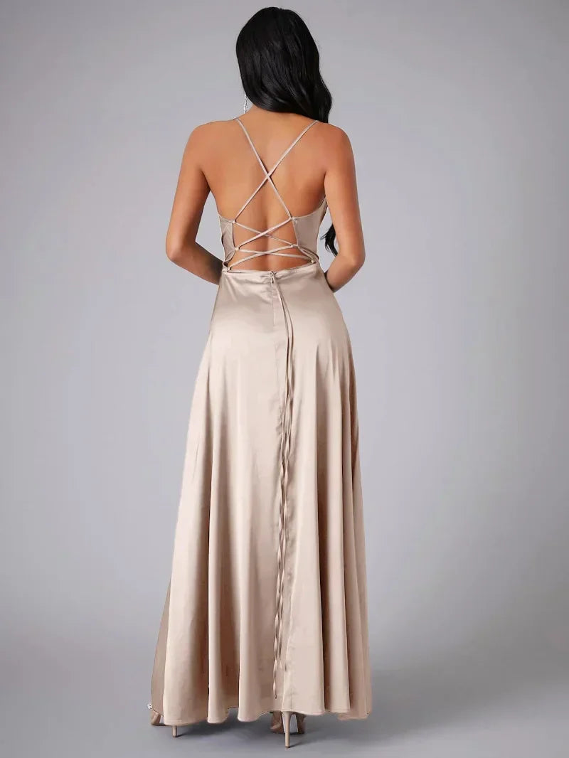 Women’s Maxi Evening Dress with Spaghetti Straps and High Slit