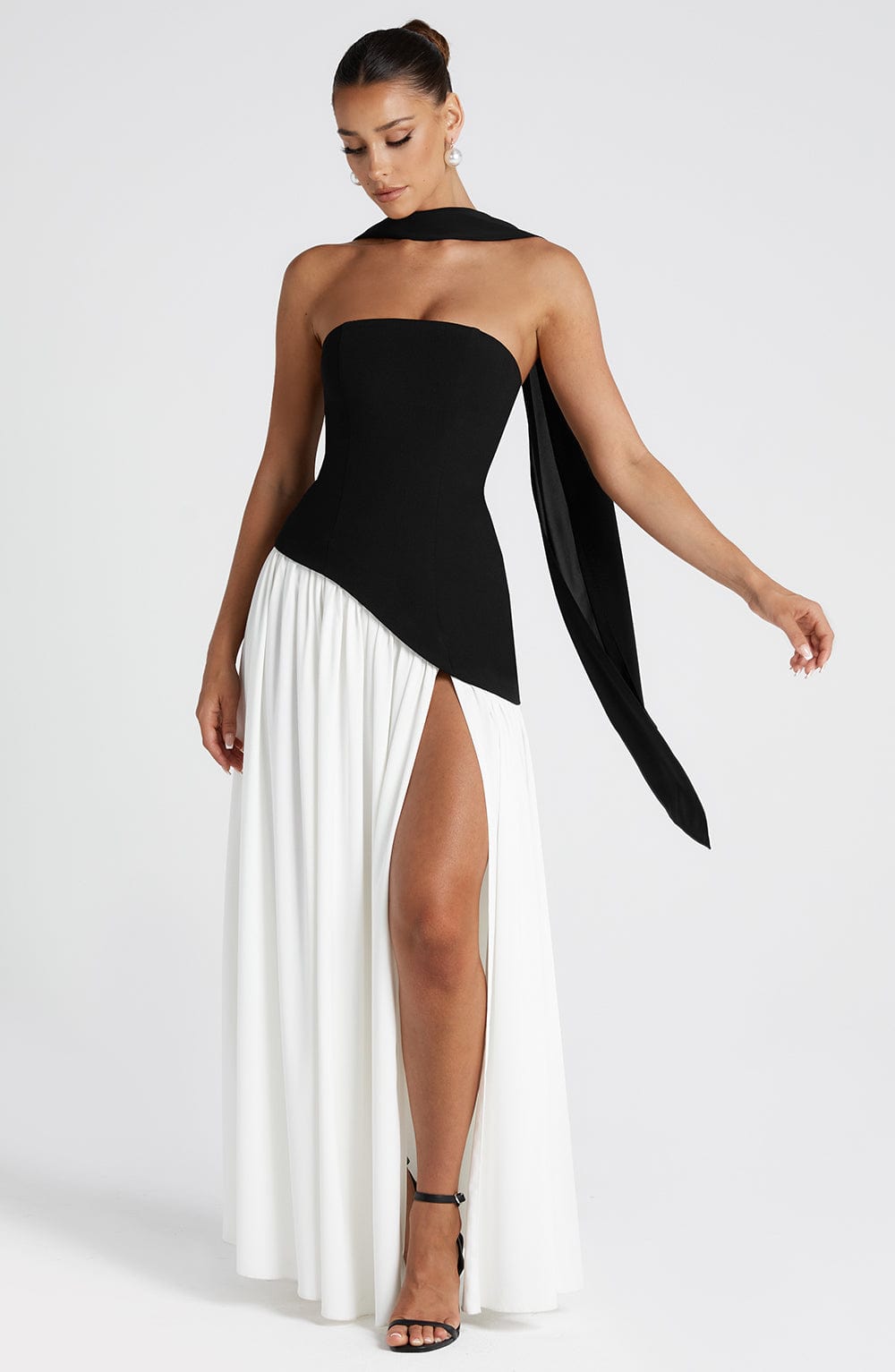 Women’s Strapless Maxi Dress with Asymmetric Waist and High Slit