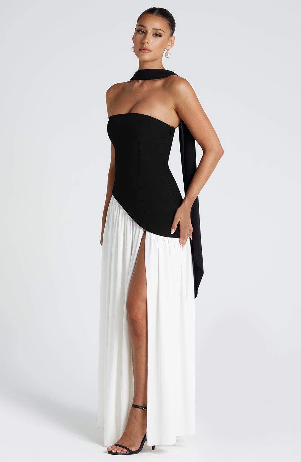 Women’s Strapless Maxi Dress with Asymmetric Waist and High Slit