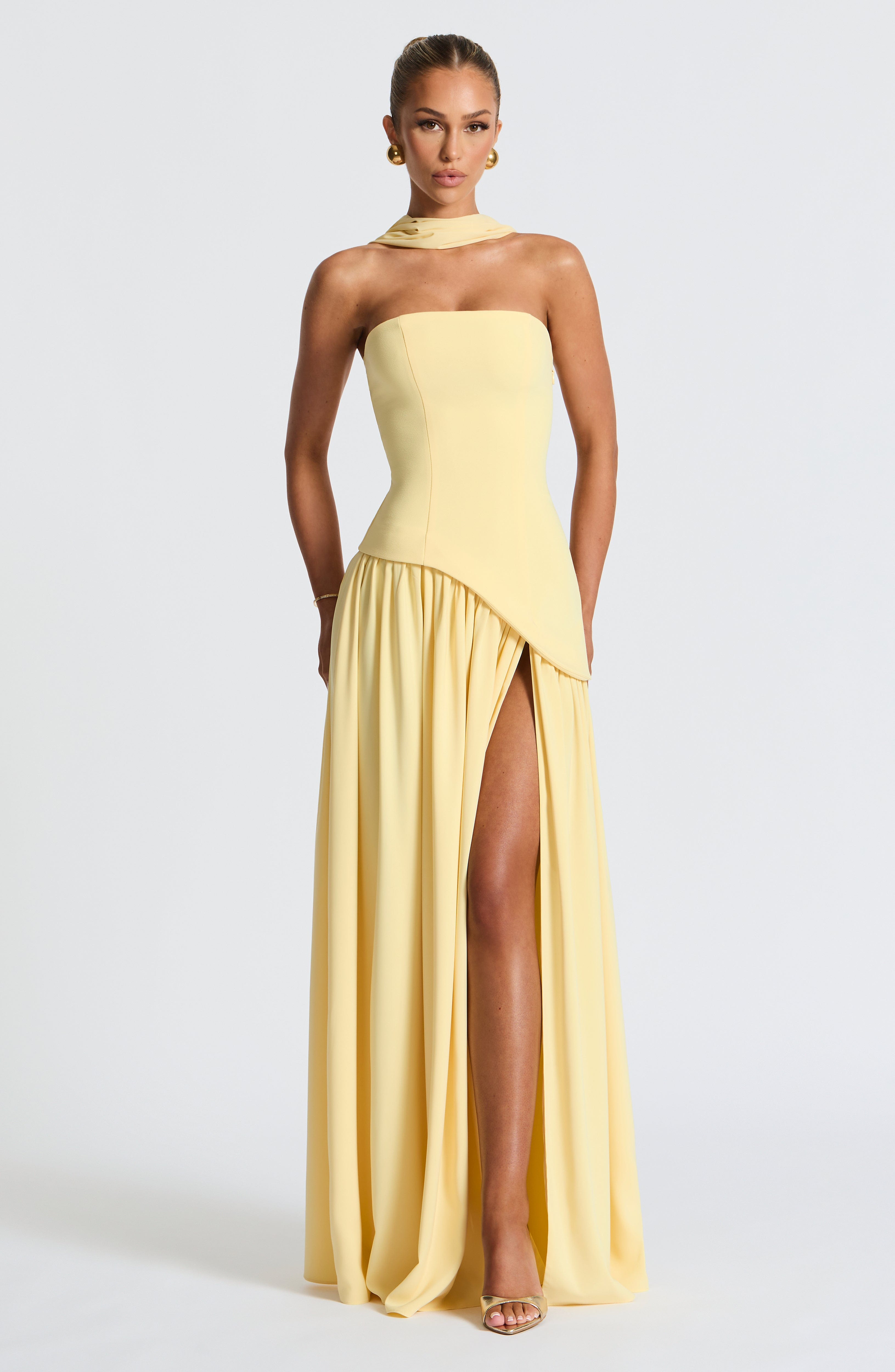 Women’s Strapless Maxi Dress with Asymmetric Waist and High Slit