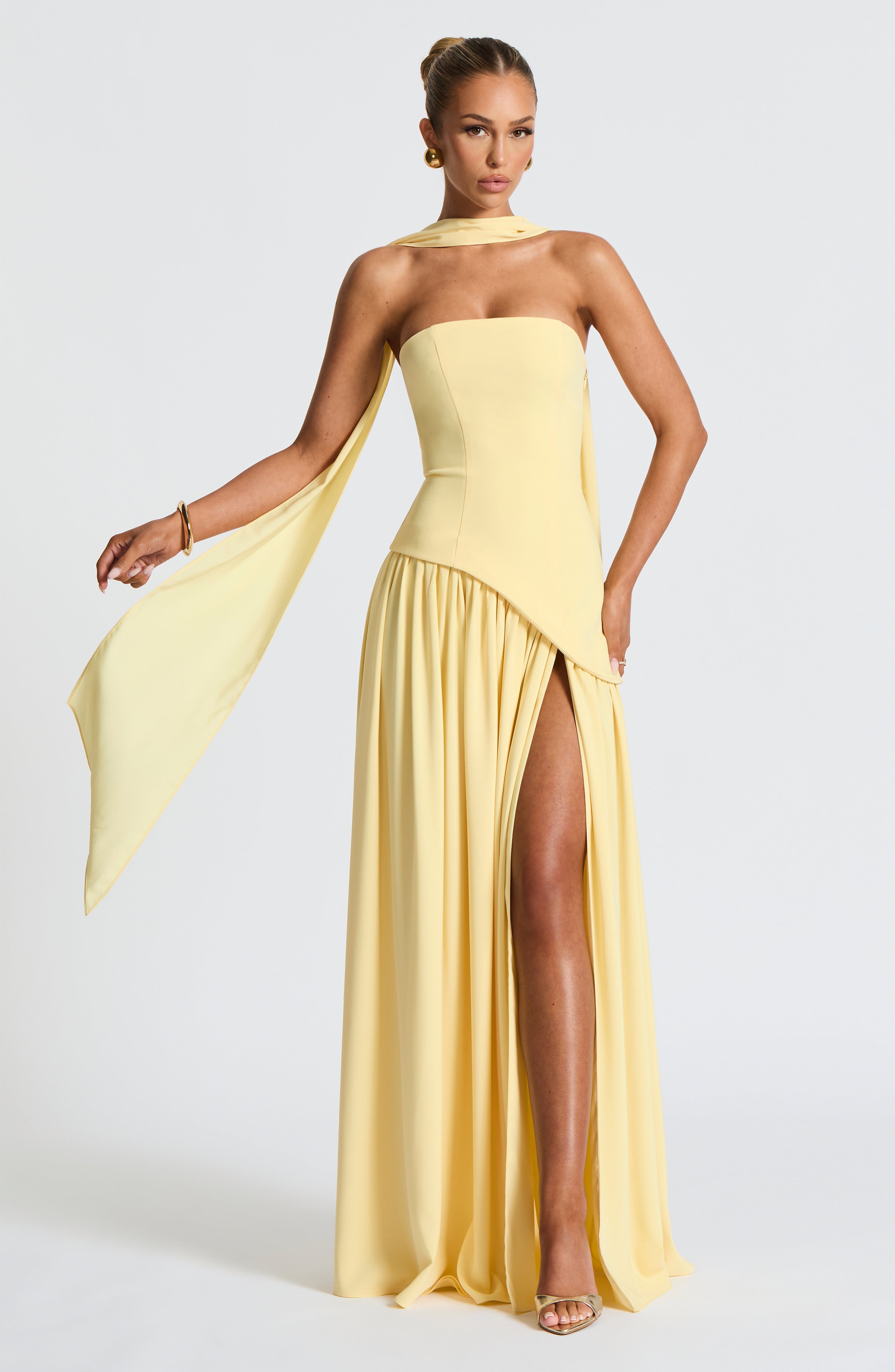 Women’s Strapless Maxi Dress with Asymmetric Waist and High Slit