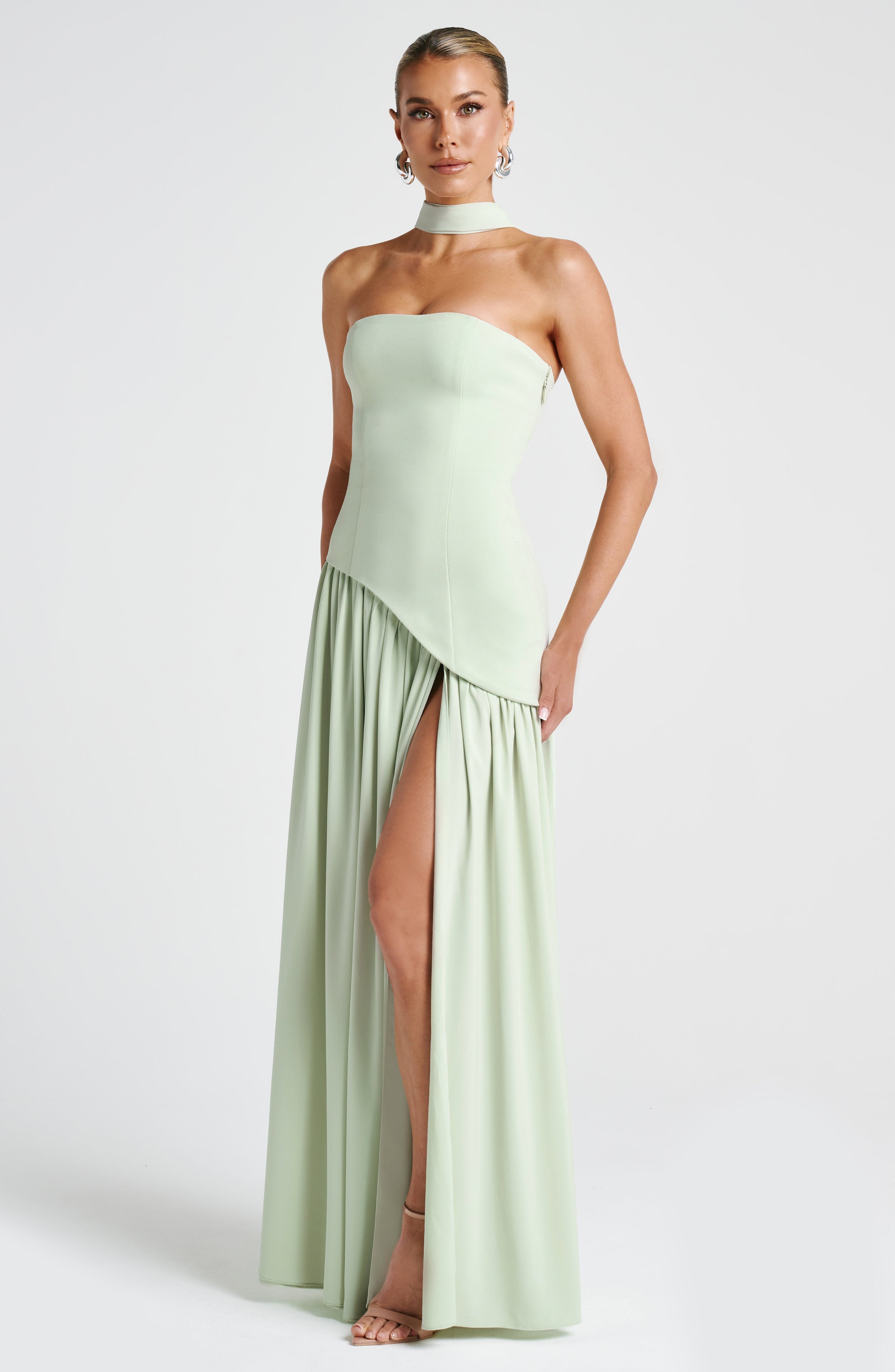 Women’s Strapless Maxi Dress with Asymmetric Waist and High Slit