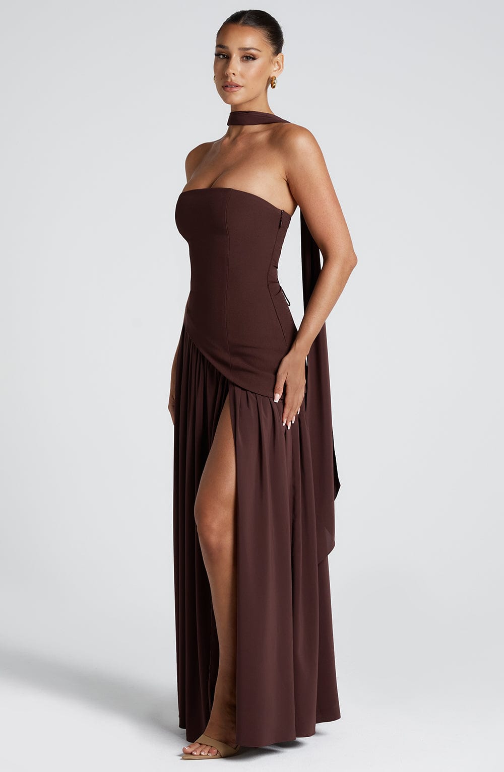 Women’s Strapless Maxi Dress with Asymmetric Waist and High Slit