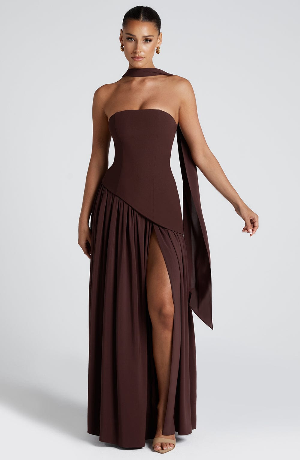 Women’s Strapless Maxi Dress with Asymmetric Waist and High Slit