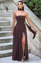 Women’s Strapless Maxi Dress with Asymmetric Waist and High Slit