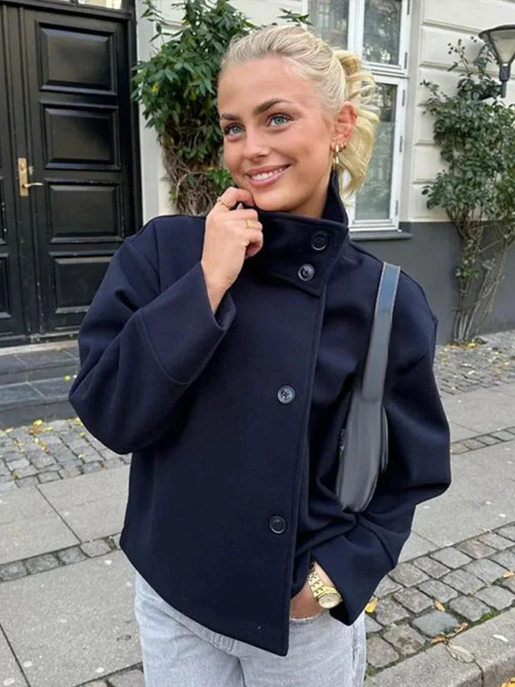 Short High-Collar Button Winter Coat