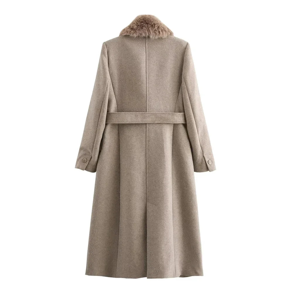 Belted Faux Fur Collar Coat