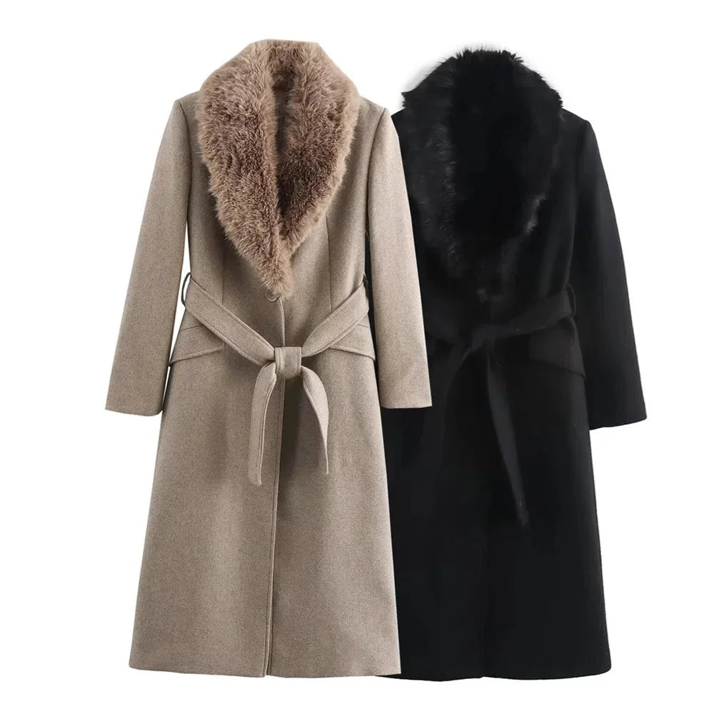 Belted Faux Fur Collar Coat