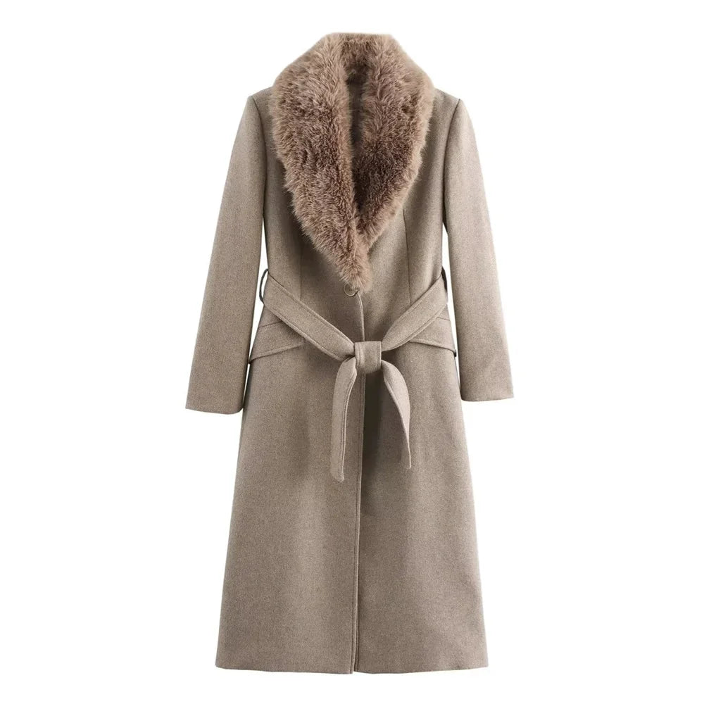 Belted Faux Fur Collar Coat