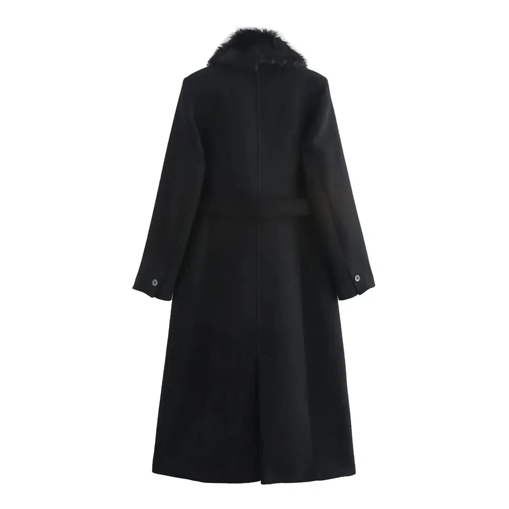 Belted Faux Fur Collar Coat