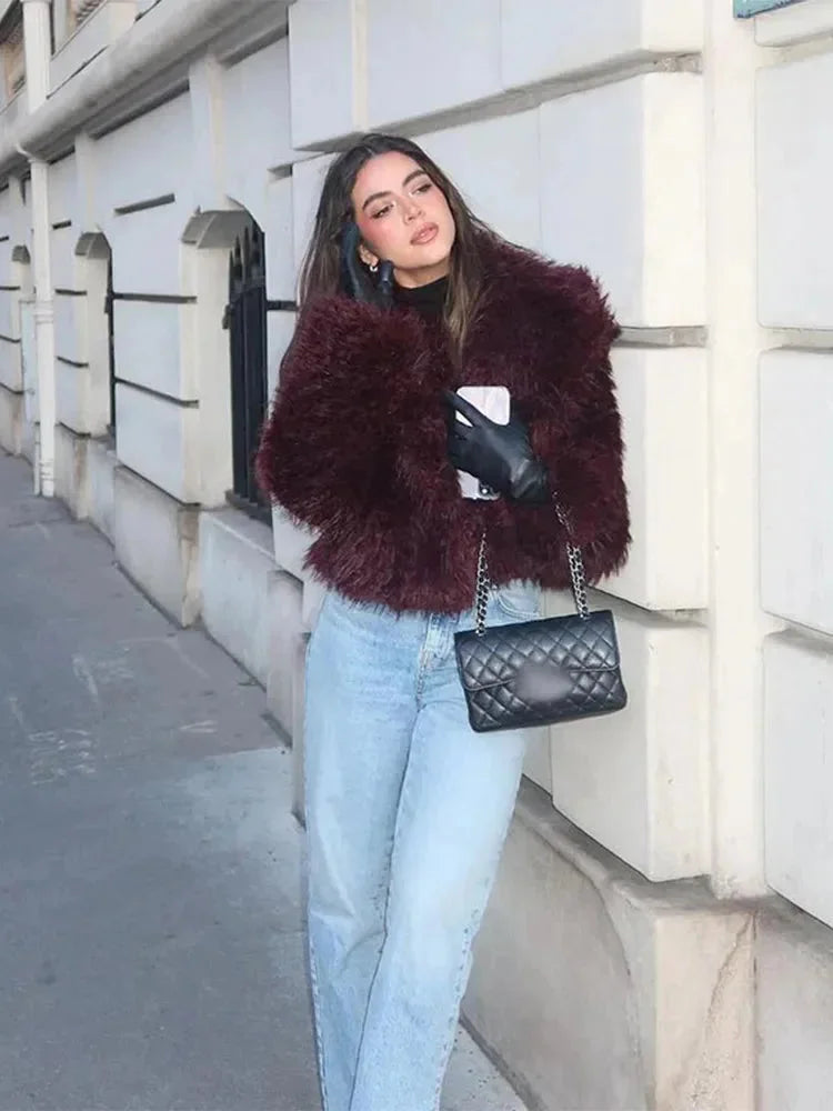Burgundy Faux Fur Collar Coat
