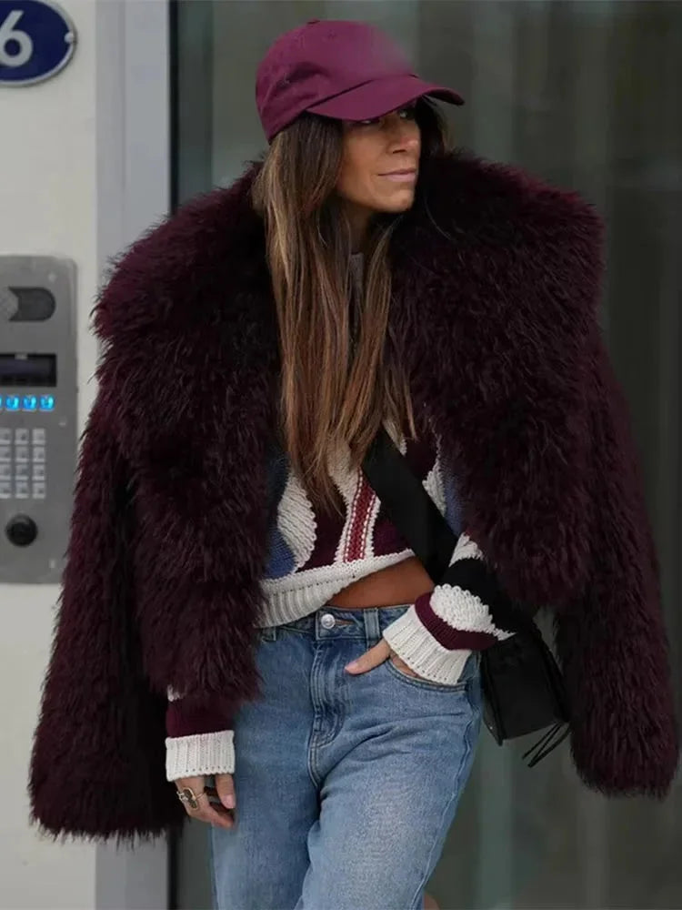Burgundy Faux Fur Collar Coat