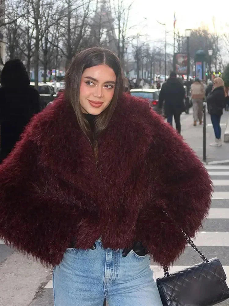 Burgundy Faux Fur Collar Coat