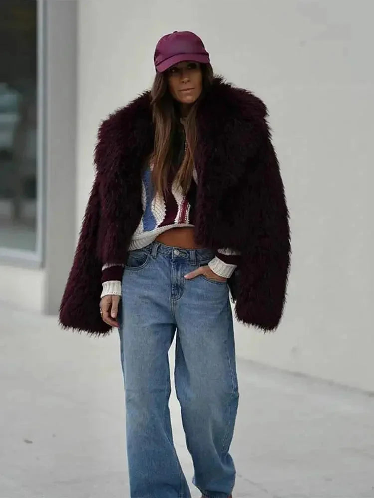 Burgundy Faux Fur Collar Coat