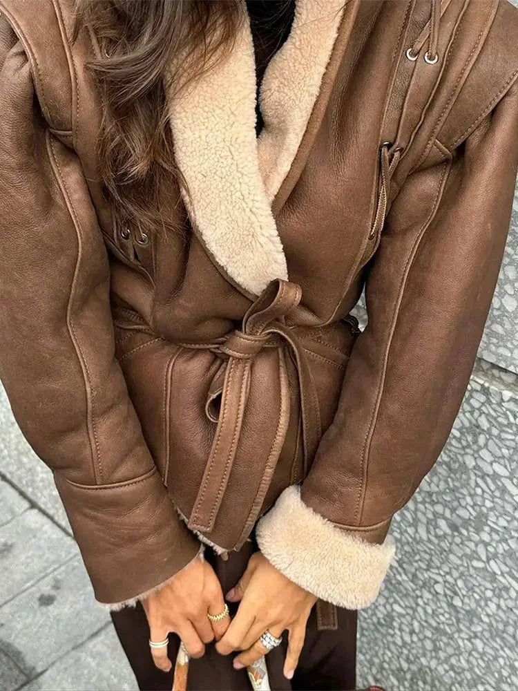 Brown Belted Shearling Collar Coat