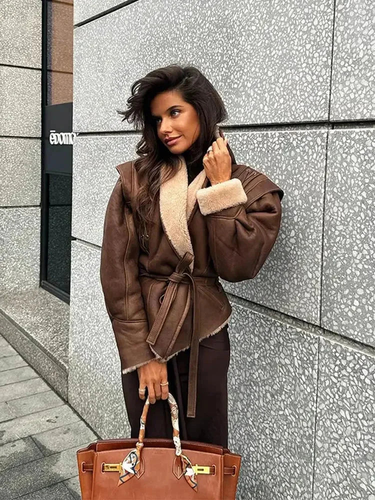 Brown Belted Shearling Collar Coat