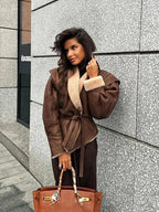 Brown Belted Shearling Collar Coat