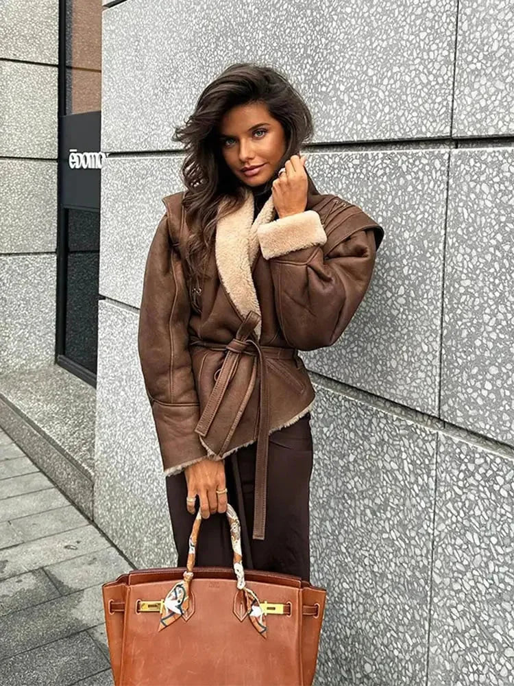 Brown Belted Shearling Collar Coat