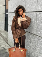 Brown Belted Shearling Collar Coat
