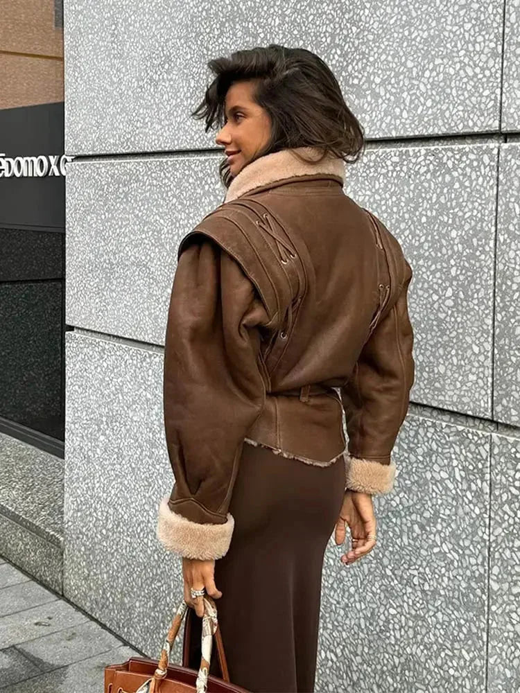 Brown Belted Shearling Collar Coat