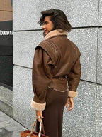 Brown Belted Shearling Collar Coat