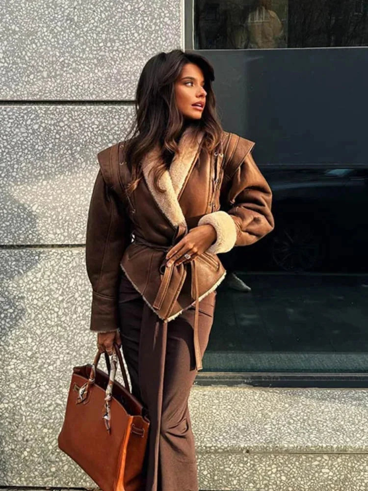 Brown Belted Shearling Collar Coat