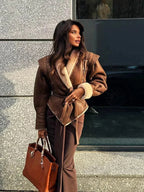 Brown Belted Shearling Collar Coat
