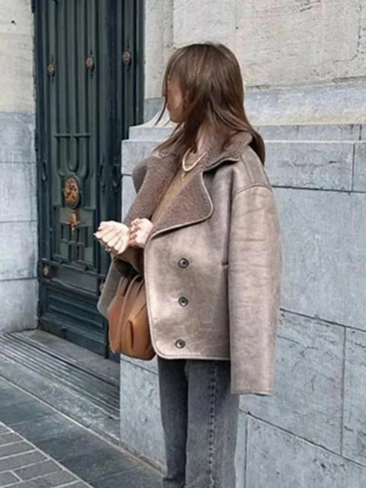Taupe Teddy Collar Button Coat