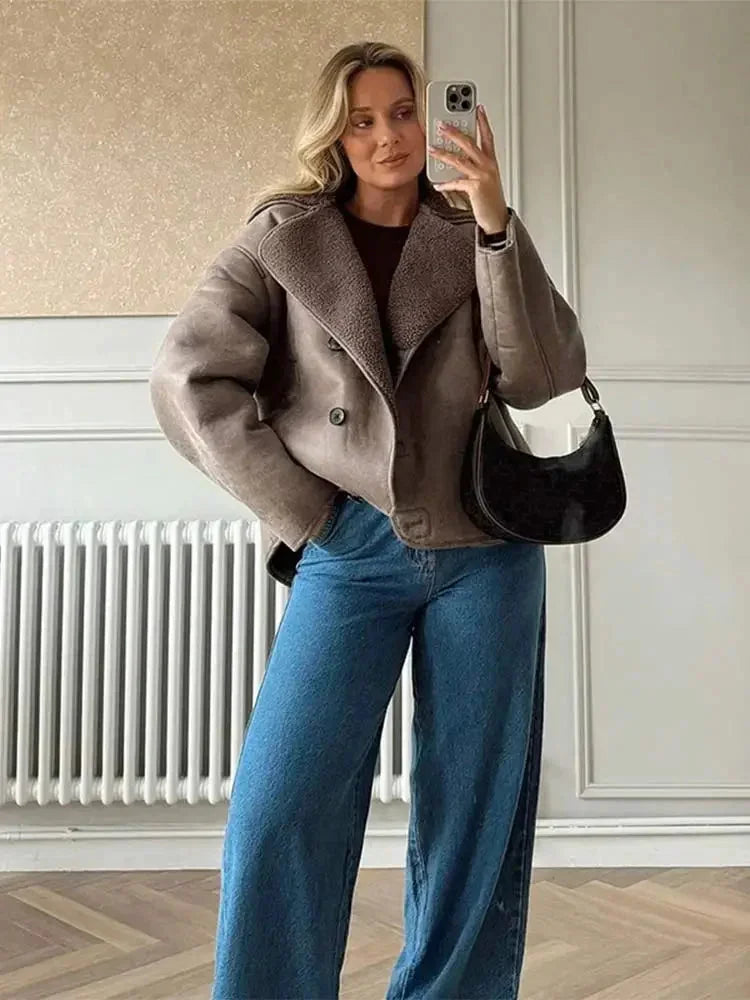 Taupe Teddy Collar Button Coat