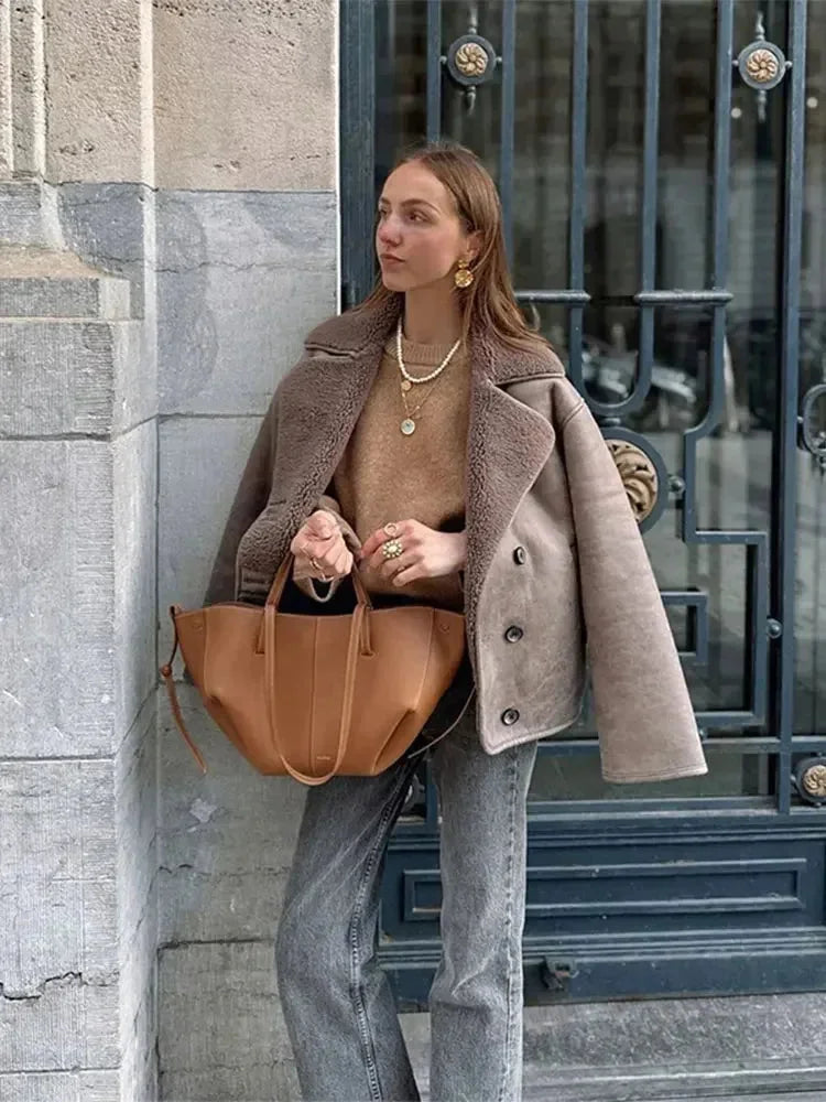 Taupe Teddy Collar Button Coat