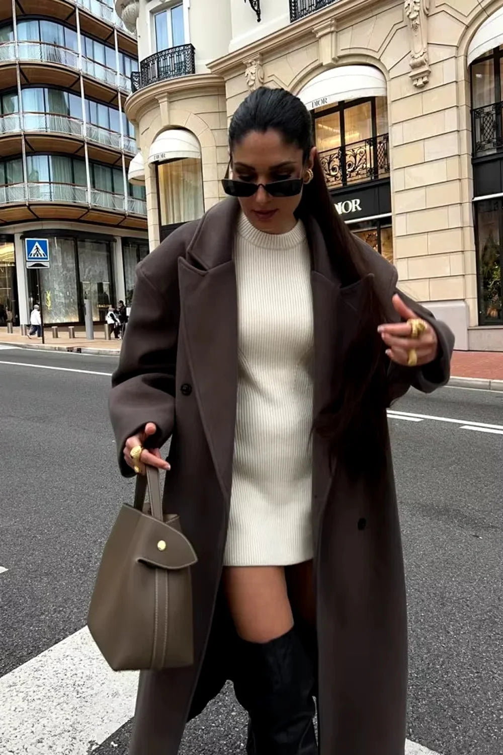 Brown Oversized Double-Breasted Winter Coat