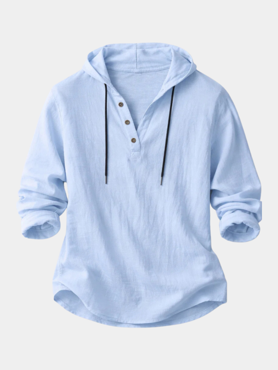 Men's Hooded Pullover Shirt with Drawcord and Button Placket – Blue