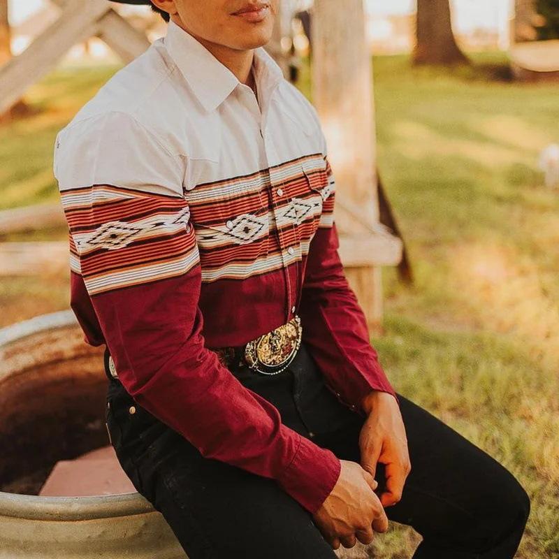 Men's Western Print Long-Sleeve Shirt with Lapel Collar – Red