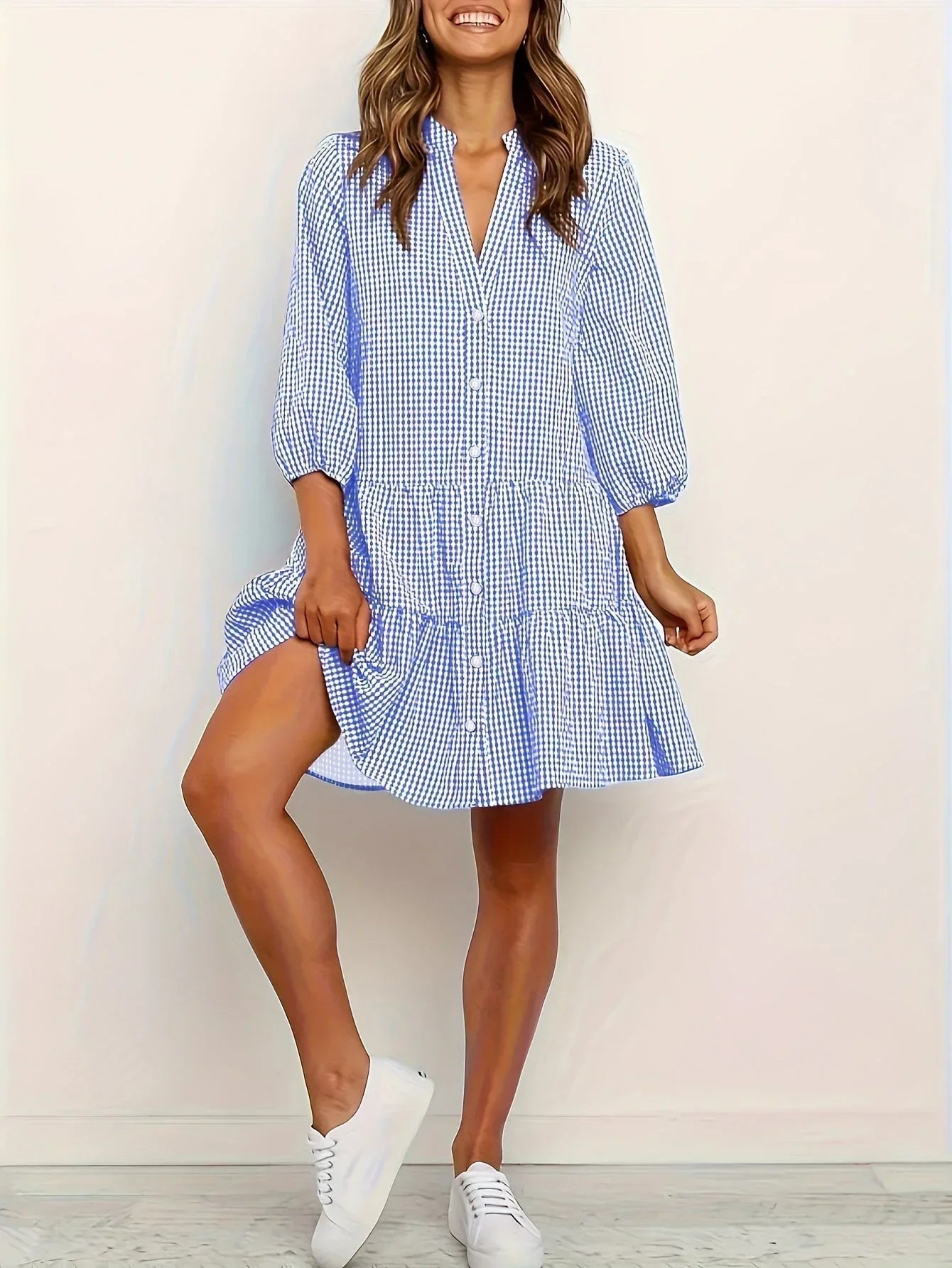 Short Checked Dress for Women with 3/4 Sleeves and Buttoned Collar
