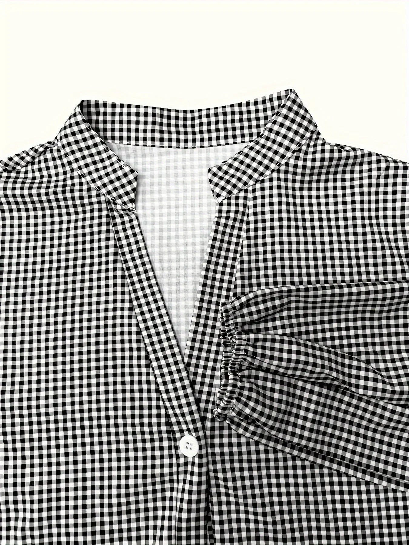 Short Checked Dress for Women with 3/4 Sleeves and Buttoned Collar